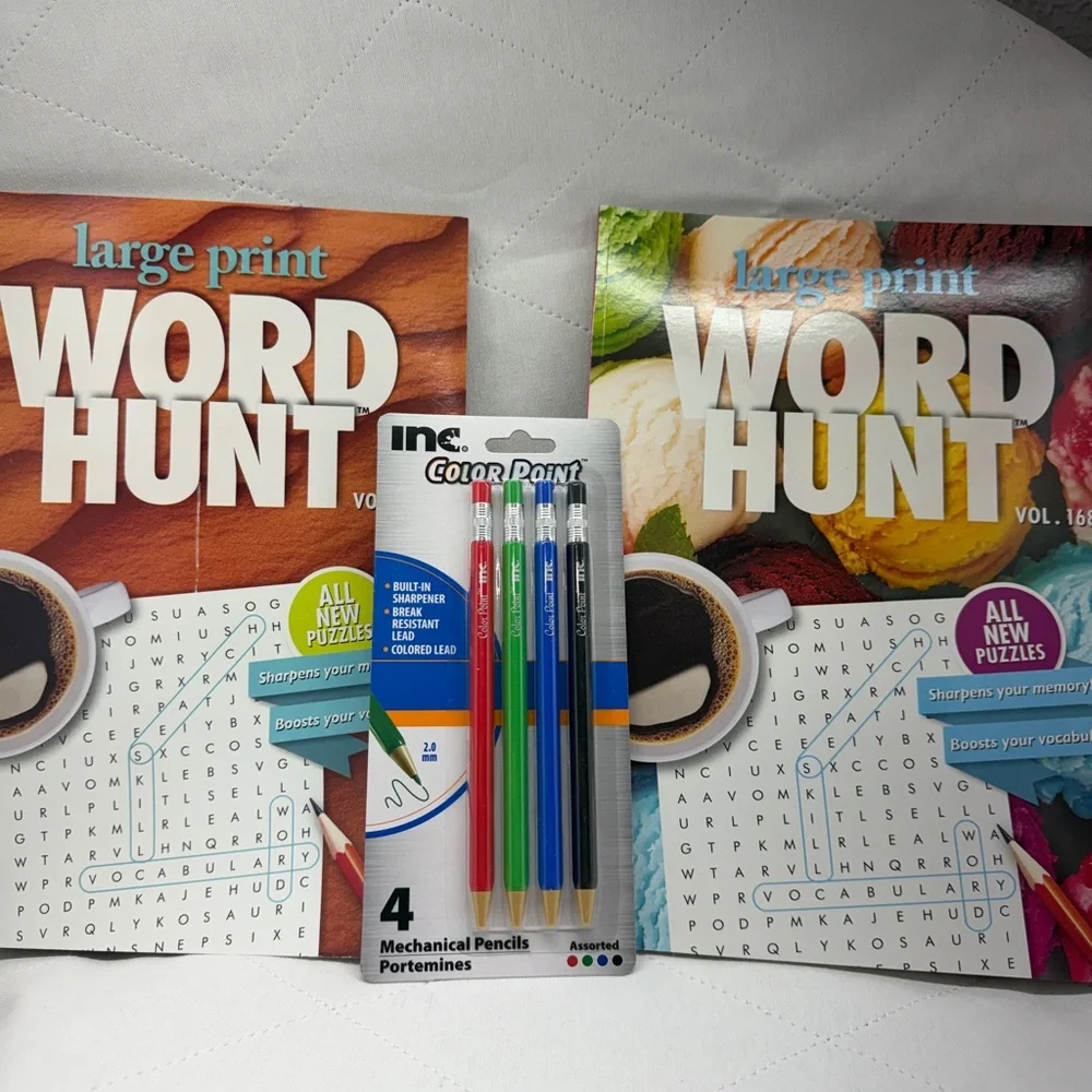 Large Print Word Hunt Puzzle Book Set with Colored Pencils